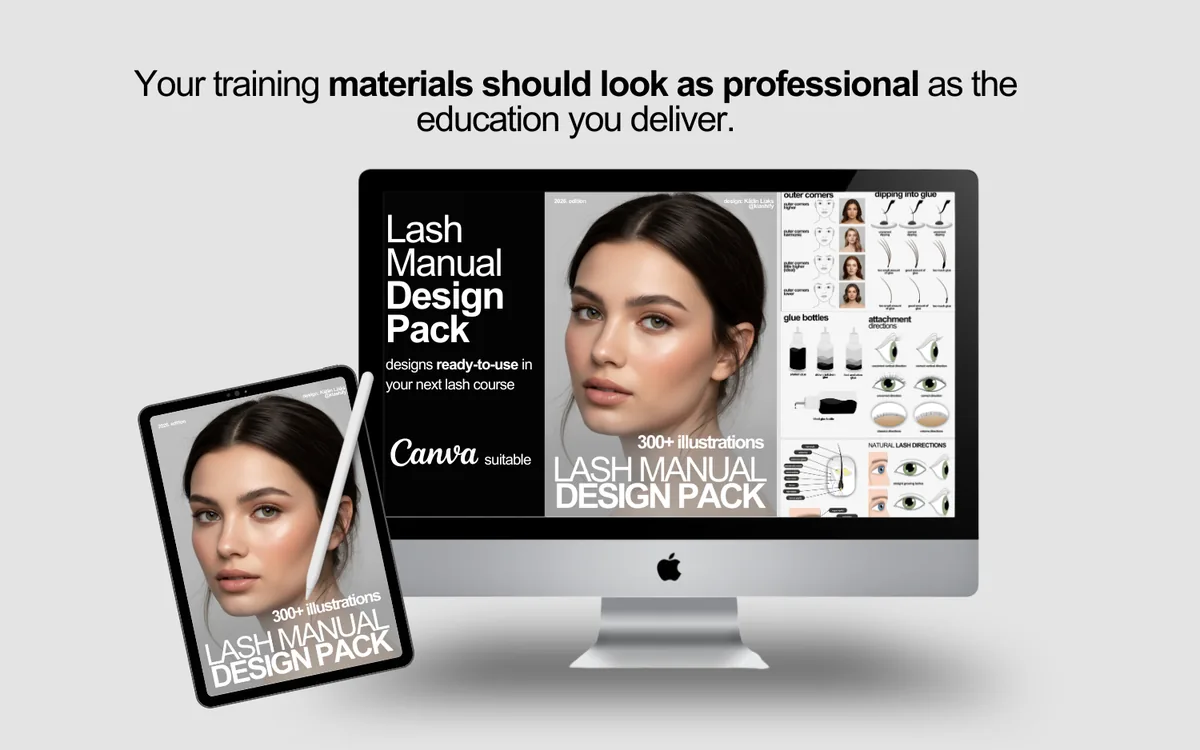 Lash Manual Design Pack shown on a monitor and a tablet